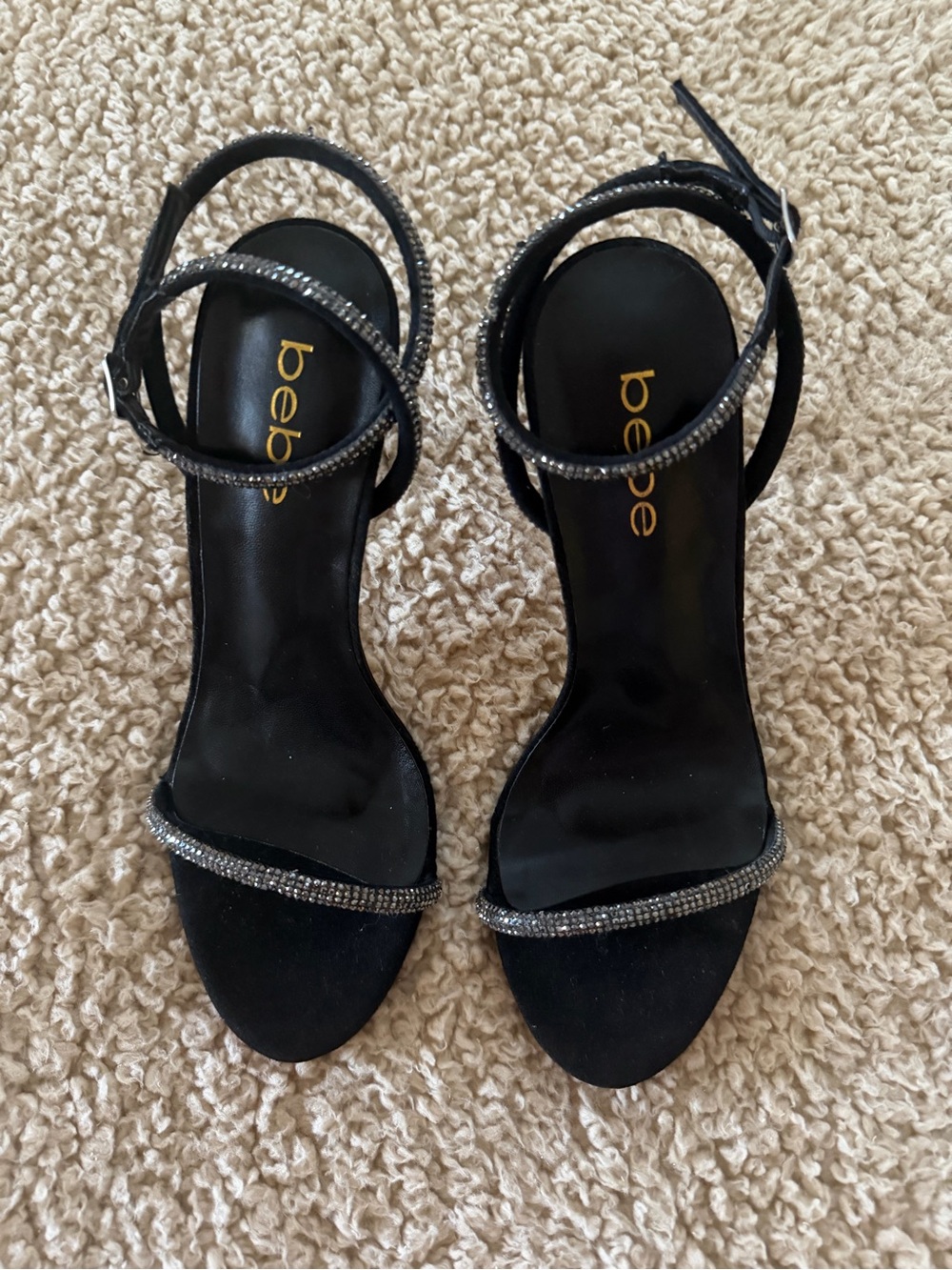 BEBE Rosalyn Rhinestone Stiletto Sandals Black Size 8 NWT